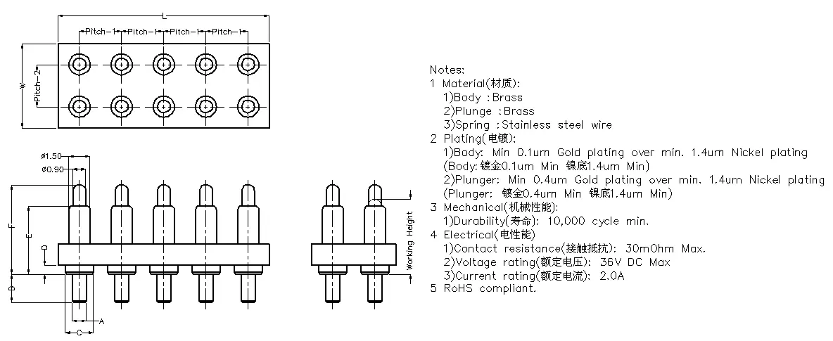10PIN双排贴片Pogo Pin连接器 10Pin弹簧针连接器10P双排